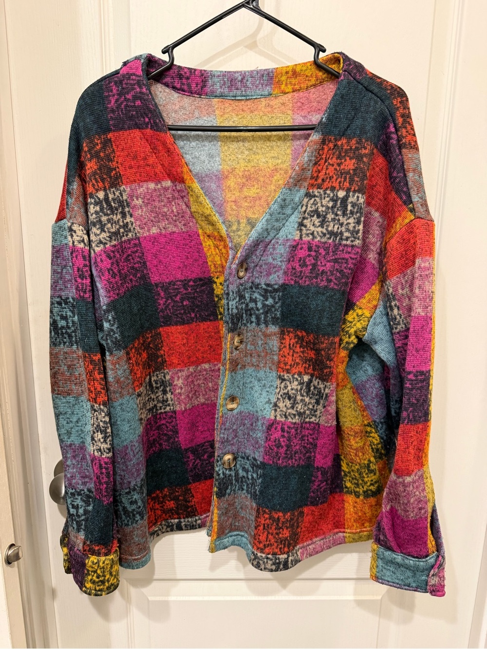 BiBi Multicolor Patchwork Checkered Button-Front Cardigan